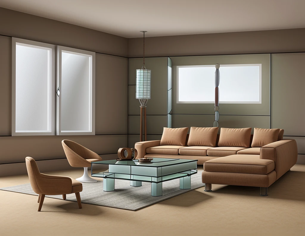 Living room design in Indochina style, daylight, ceramic tile floor, gray wall with (((glass window:1.8))), 1 sofa set, 1 table, 1 velvet carpet, white painted ceiling, 1 wall painting, 1 pillar lamp, 2 chairs menu, sharp images, realistic lighting, luxurious feel, extremely detailed