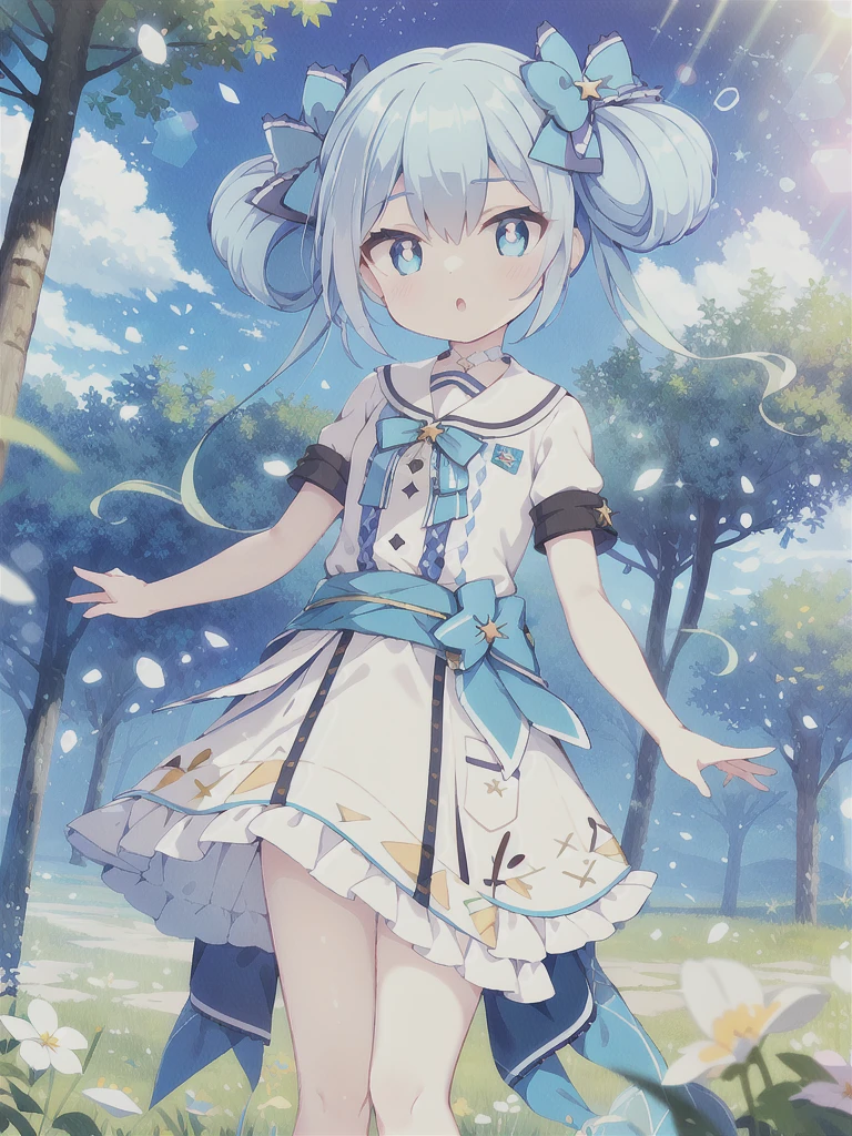 Masterpiece,high quality,high resolution,Detailed Background,Shining Eyes,Lens flare,Blue Hair, Twin tails, Hair between the eyes, 紫のhair bow, eyebrows visible through hair,Floating Island,grassland,Are standing,