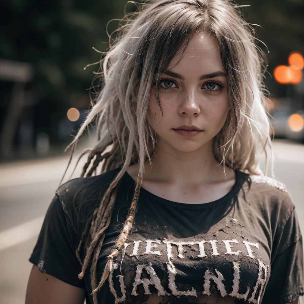 Pale woman wearing shredded grunge shirt, dark messy hair, staring at viewer, perfect quality, sharp focus, shallow depth of field, 8k, flash photography, dread in eyes