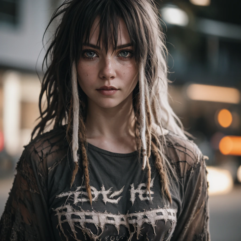 Pale woman wearing shredded grunge shirt, dark messy hair, staring at viewer, perfect quality, sharp focus, shallow depth of field, 8k, flash photography, dread in eyes