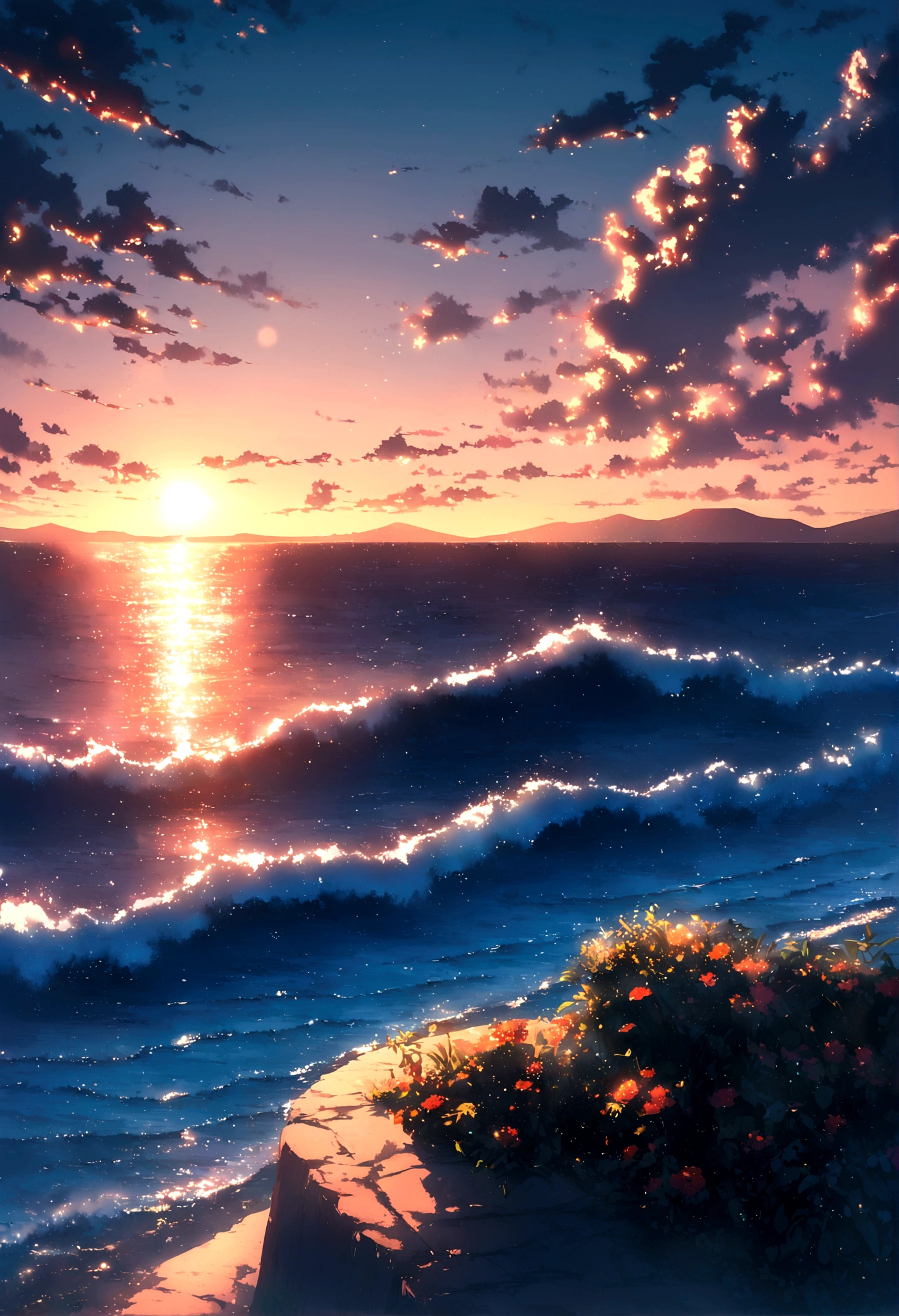 landscape, summer, Sunset, Okinawa, Ocean, unmanned, Ocean滩, nobody, Hot weather, Sunset, High-resolution details, Ultra Detailed, Movie, Surrealism, Soft Light, Deep Focus Bokeh, Ray Tracing, Art Station pixiv Gwise, 新Ocean诚, Art bud