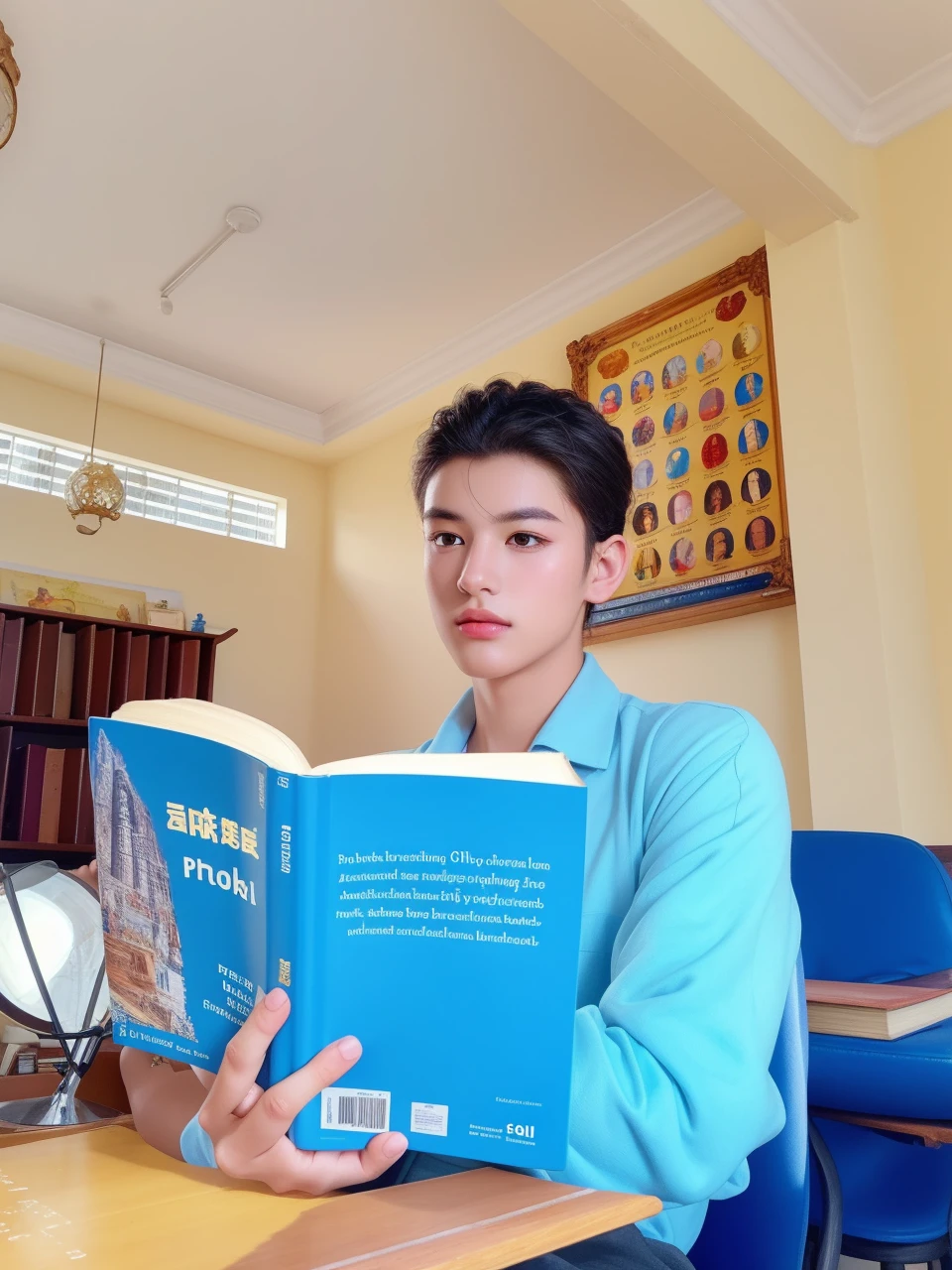 A young man reading a book, portrait, realistic, photorealistic, hyperdetailed, highly detailed face, intricate details, natural lighting, warm color tones, beautiful detailed eyes, beautiful detailed lips, extremely detailed face, long eyelashes, serious expression, sitting in a cozy indoor setting, wooden bookshelf in the background, books on the shelves, sunlight streaming through a window, soft shadows, oil painting, masterpiece, 8k, best quality