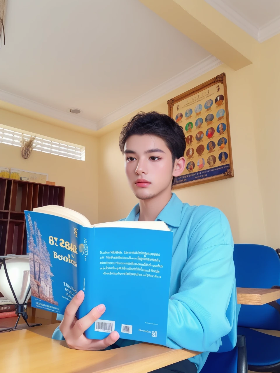 A young man reading a book, portrait, realistic, photorealistic, hyperdetailed, highly detailed face, intricate details, natural lighting, warm color tones, beautiful detailed eyes, beautiful detailed lips, extremely detailed face, long eyelashes, serious expression, sitting in a cozy indoor setting, wooden bookshelf in the background, books on the shelves, sunlight streaming through a window, soft shadows, oil painting, masterpiece, 8k, best quality