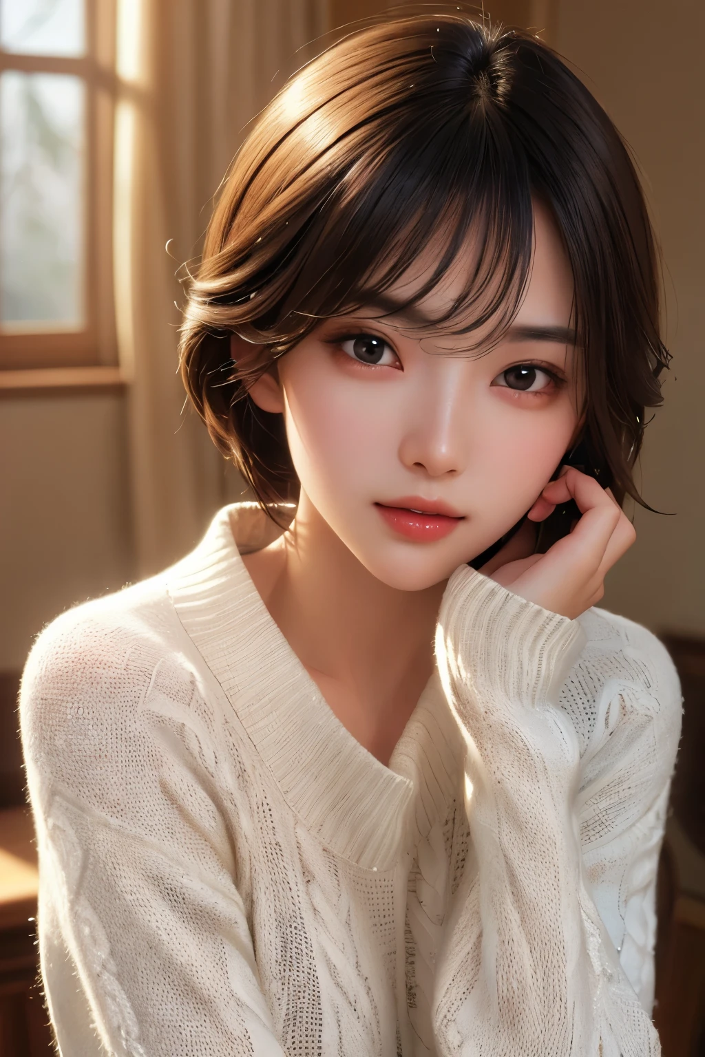 ultra high res,masterpiece,best quality,
very detailde face,detailed eyes,extremely intricate,perfect glossy shiny skins,perfect lighting,detailed lighting,dramatic shadows,ray tracing,
1girl,upper body,black sweater,looking at viewer,