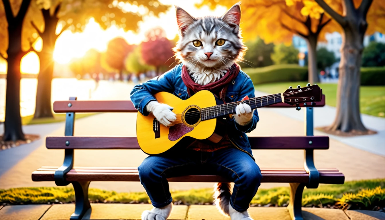 (photo film style), anthropomorphic, cute kitten, playing acoustic guitar, park bench, sunset, relaxing, enjoying music, 2D, colorful, warm atmosphere, shiny, Jean-Baptiste Monge style, Alan Lee style