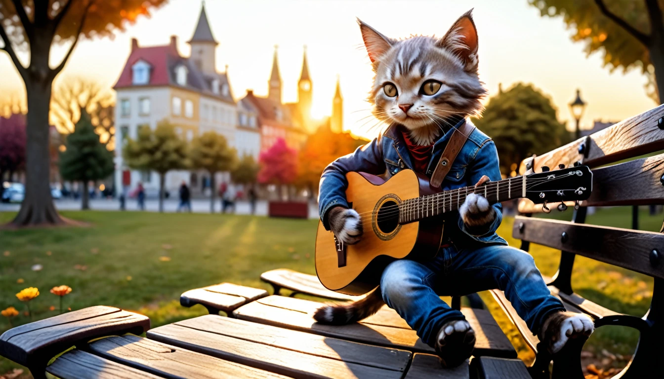 (photo film style), anthropomorphic, cute kitten, playing acoustic guitar, park bench, sunset, relaxing, enjoying music, 2D, colorful, warm atmosphere, shiny, Jean-Baptiste Monge style, Alan Lee style