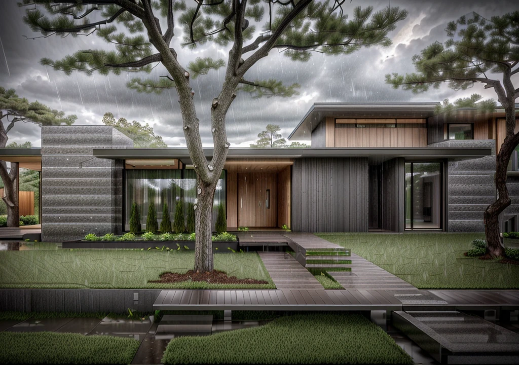 RAW photograph taken with the Nikon D7500 + AF-S DX NIKKOR camera, 18mm lens, ultra-wide, overhead angle, 8K, top quality, HDR,(masterpiece, best quality:1.2), Morden Industry villa, extremely high realism, extreme realism, lamp temperature 9,000K, at 8 am, on a very cold morning with (((strong and heavy rain))) and a (((completely gray sky))). In the forest, (((natural lawn and bush ground))), (((Realistic big tree and bush))), the modern villa with a natural wood bridge walkway and trees in the front yard, detailed rendering.