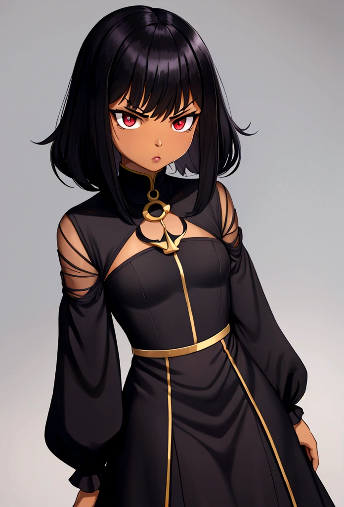 Raise a black adult woman, flat hair, wearing dress, menacing look, superior posture