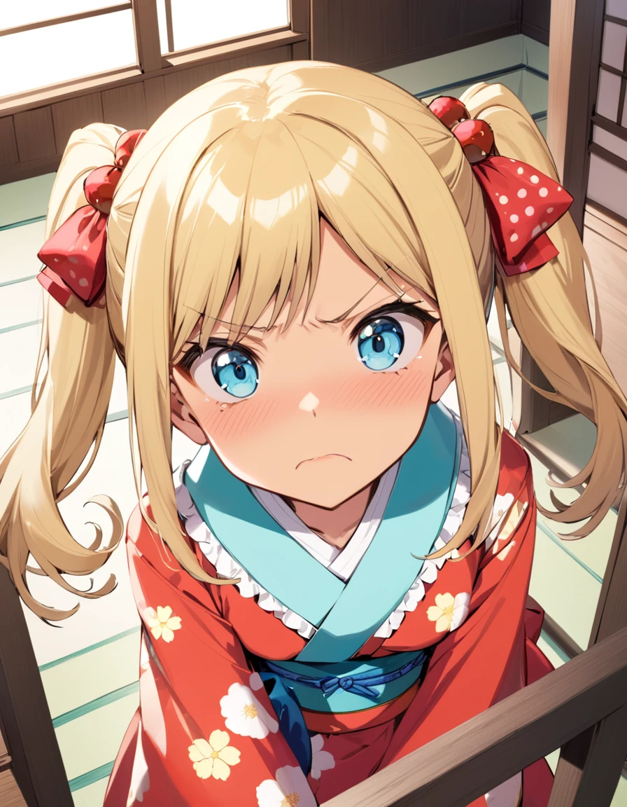dynamic angle, (close up face), from above, a ultra detailed beautiful moe anime, (angry, embarrassed), tan, In an old-fashioned Japanese house, there is a tsundere gal. blond hair, twintail, and her eyes are a vivid blue. She is dressed in a frilly kimono, but the kimono incorporates gal fashion, characterized by flashy colors and patterns. Her attitude is tsundere, seeming cold at first glance, but harboring kindness in her heart.