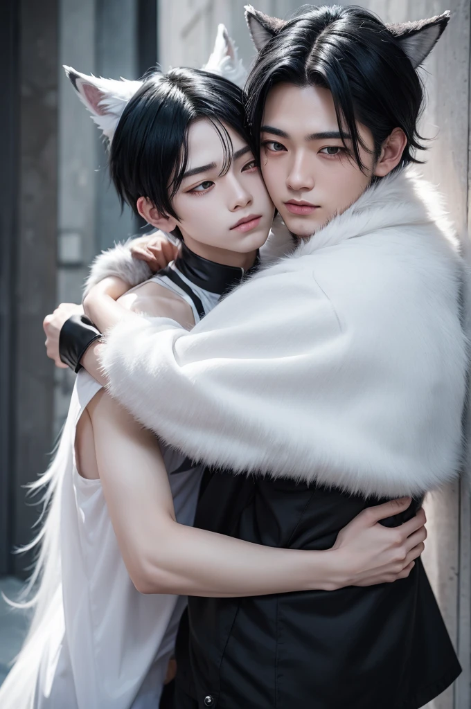 Boy with black hair hugging white hair and wolf ears