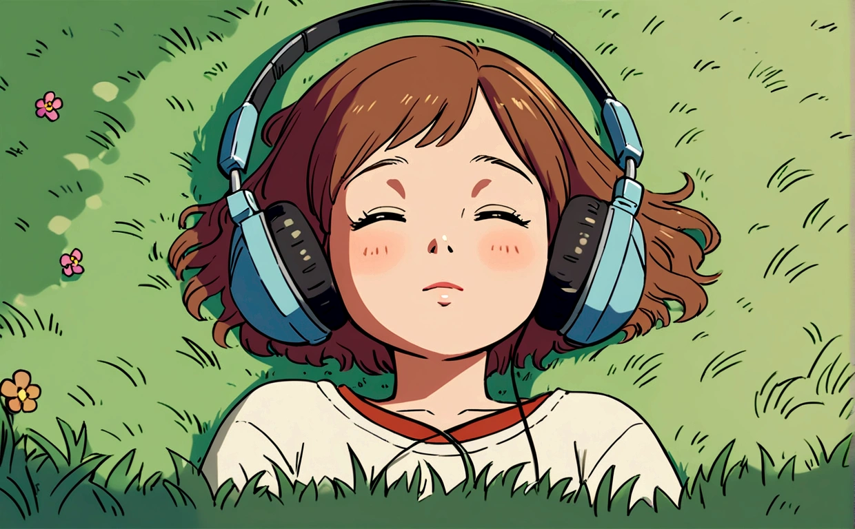 a boy and a woman lying on the grass listening to music, Studio Ghibli style