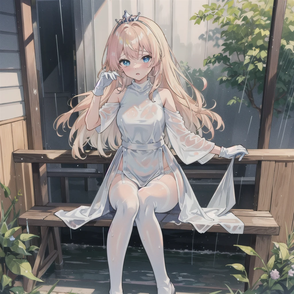 Japan style illustration anime infant I am going to cry shame In a cage dance hall background Sitting in a chair Blonde Long Hair anime Super Curly Hair Super long sideburns 濡れて透けたSee-throughの衣服 Wet and transparent turtleneck shocking pink wedding dress Princess Tiara Embarrassing Blushing Wet and transparent very long shocking pink skirt Wet and see-through white tights Wet and transparent white underwear Rubber luster Multiple pink ribbons Soaked in the rain Wet and transparent pearl white super long rubber gloves Wet and transparent shocking pink pantyhose garter belt cute Pitiful clear Big eyes Droopy eyes Pale pink rouge Super long white boots Wet and see-through white bodysuit See-through Clothes that are see-through from the rain Wet Clothes are wet with sweat and transparent
