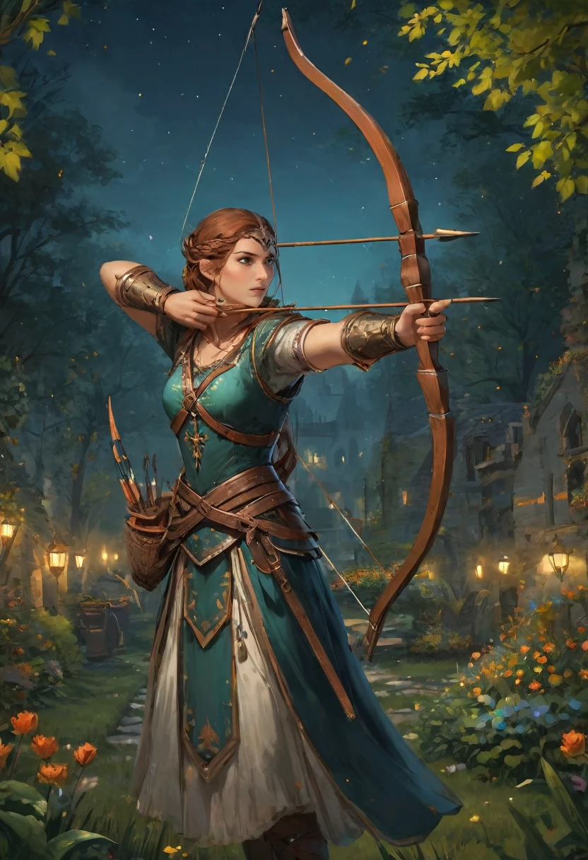 best quality, High target_solve, clearly_image, Detailed background ,1 Archer Woman, garden, night,Hook of Holland, Wide-angle lens, crown,