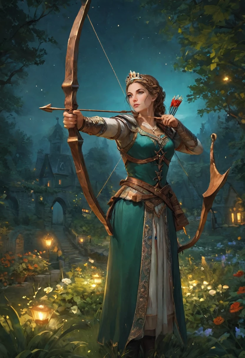 best quality, High target_solve, clearly_image, Detailed background ,1 Archer Woman, garden, night,Hook of Holland, Wide-angle lens, crown,