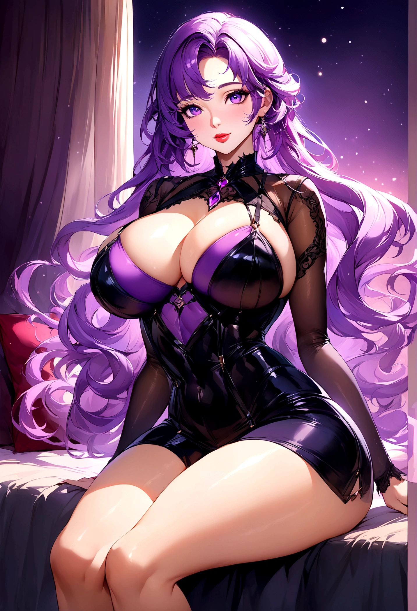 Create a digital artwork of a voluptuous female character with massive breasts in an anime-inspired style. The character should have long, flowing purple hair and large, expressive purple eyes. She should be wearing an almost see through bra that accentuates her curves. The art style should be a blend of anime and semi-realism, with: Smooth, detailed shading: Use gradients to create depth and volume in the character's form. Sharp, precise line work: Clean lines to define the character's features and outfit. Realistic lighting effects: Emphasize the reflective quality of the whole outfit with highlights and glossy reflections. Soft, ambient background: Set the scene in a normal bedroom, the character sitting on her bed. The background should have a soft, romantic glow with bokeh effects to enhance the dreamy atmosphere. Color vibrancy: Use rich, vibrant colors for the character and background to make the image pop. Ensure the character's expression is giving a seductive and confident look. The overall mood should be bold and captivating, with a high level of detail and polish in the final artwork.