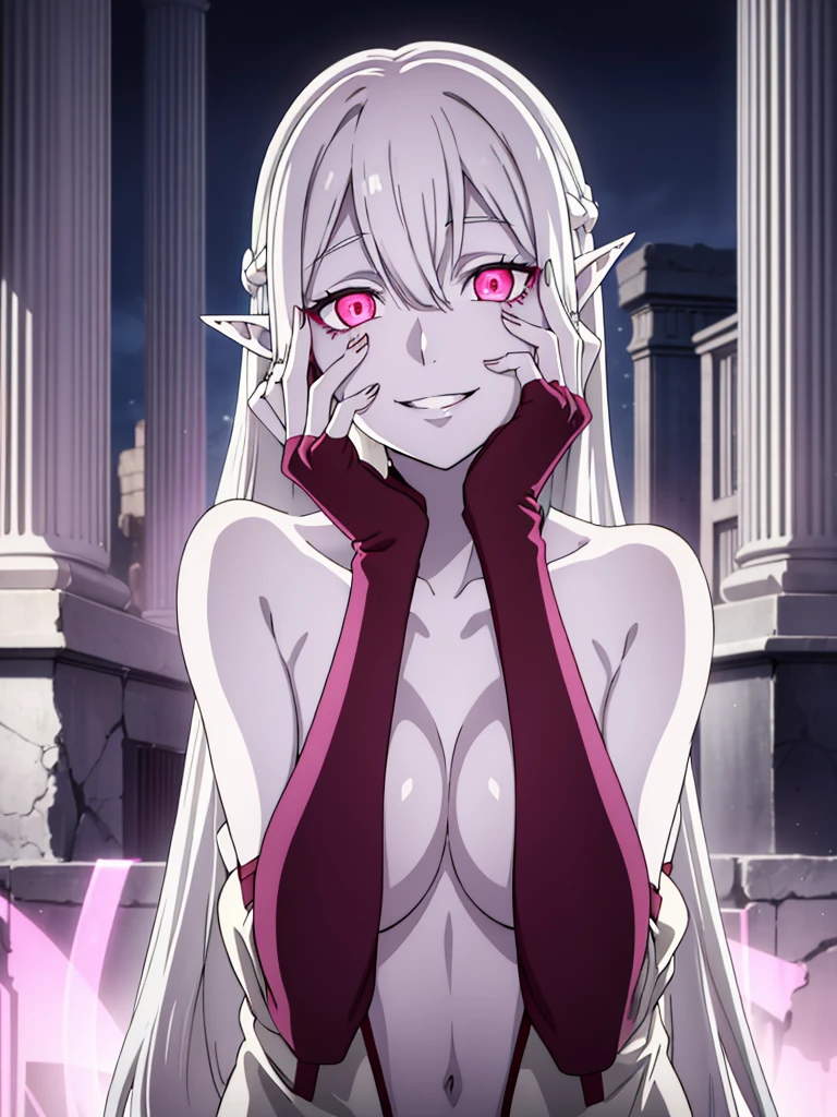 (1girl,20s,mature female),solo,white hair,long hair,((white skin,colored skin)),elf ears,naked,(night,ruins background),(smile,yandere trance),hands on own face,pink glowing eyes,teeth