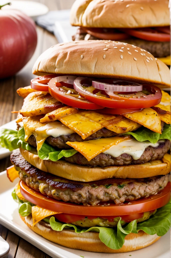 Burger with meat with meat, bacon, cheddar cheese, tomato, lettuce, caramelized onion and sweet potato and potato chips.
