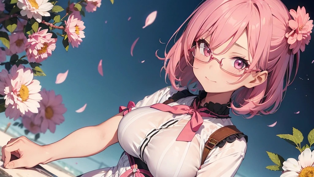 1girl,flower pattern , pink idol,pastel pink hair,brown eye,bob hair,janping, put hands on body, full body,red frame eyewear,big breasts,