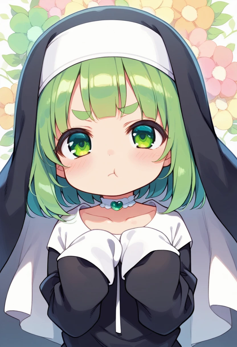 score_9, ,score_7_up, score_6_up, 1girl, source_cartoon, source_anime,breathtalking Scenery,watercolor,smooth soft skin, natural skin,mjm
BREAK 
(loli:1.4),(little female child:1.4), small breast,cute face, (loli toddler:1.1), 6 yo,kawaii, (highlight on eyes), (jiggly:0.8), shiny skin,beautiful eyes, detailed eyes, puffy eyes,
BREAK 
(medium green hair:1.3),(green maro eyebrows:1.6),pouty and slightly grumpy,(pout:1.2), ::(, (jitome),(frown:0.6),white streaked hair, green eyes, 
BREAK 
(zigzag pattern nun dress), (pastel veil:1.2),choker,nun,excessive detailed collarbone,exposed collarbone, dynamicangle,
BREAK
looking up,upturned eyes,(sleeves past hands:1.6), (sleeves past wrists:1.3),(hands are hidden in sleeves:1.3),sleeves past fingers,flowerbackground,flowergarden,,pastelcolor,hands up,