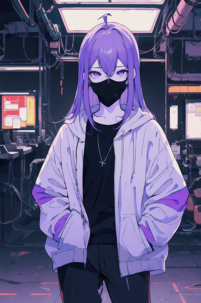 ((masterpiece)), (best quality), ((highres)), 4K, Detailed, (Ambient Light, Digital Art, Soft Lighting, extremely detailed 8K wallpaper:1.2), BREAK 1girl, solo, pale skin, violet eyes, violet hair, ahoge, (absurdly long hair:1.1), flat chest, cyberpunk scenery, jacket, pants, shirt, night, hand in pocket, looking at viewer, hair between eyes, expressionless, rtx, neon light, black medical mask