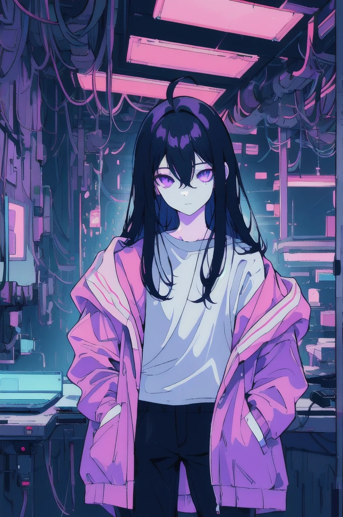 ((masterpiece)), (best quality), ((highres)), 4K, Detailed, (Ambient Light, Digital Art, Soft Lighting, extremely detailed 8K wallpaper:1.2), BREAK 1girl, solo, pale skin, violet eyes, violet hair, ahoge, (absurdly long hair:1.1), flat chest, cyberpunk scenery, jacket, pants, shirt, night, hand in pocket, looking at viewer, hair between eyes, expressionless, rtx, neon light, black medical mask