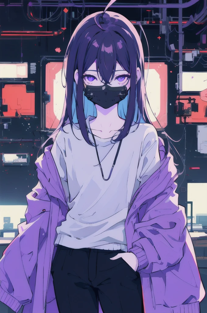 ((masterpiece)), (best quality), ((highres)), 4K, Detailed, (Ambient Light, Digital Art, Soft Lighting, extremely detailed 8K wallpaper:1.2), BREAK 1girl, solo, pale skin, violet eyes, violet hair, ahoge, (absurdly long hair:1.1), flat chest, cyberpunk scenery, jacket, pants, shirt, night, hand in pocket, looking at viewer, hair between eyes, expressionless, rtx, neon light, black medical mask