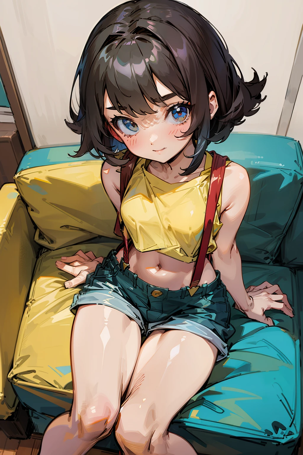 (masterpiece, high quality) 1 girl, view from above, pov, black eyes, medium hair, shaggy lob hair, black hair, bangs, perfect body, misty (pokemon) (cosplay), yellow crop top, suspenders, denim shorts, shy, smiling, flirty, sitted in a couch,