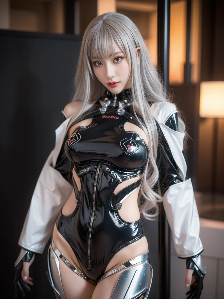 Super Detail, High Detail, high quality, best quality, High resolution，1 female robot，Beautiful female robot,beautiful clear face(Rain waves_haneame：1.5)， Realistic, High resolution, Soft Light,1 female, alone, Hips up, (Detailed face), silver hair, long hair, Mecha Maiden, Colorful mechanical parts, Robot joints, mechanical body suit, , All metal body, Night City,