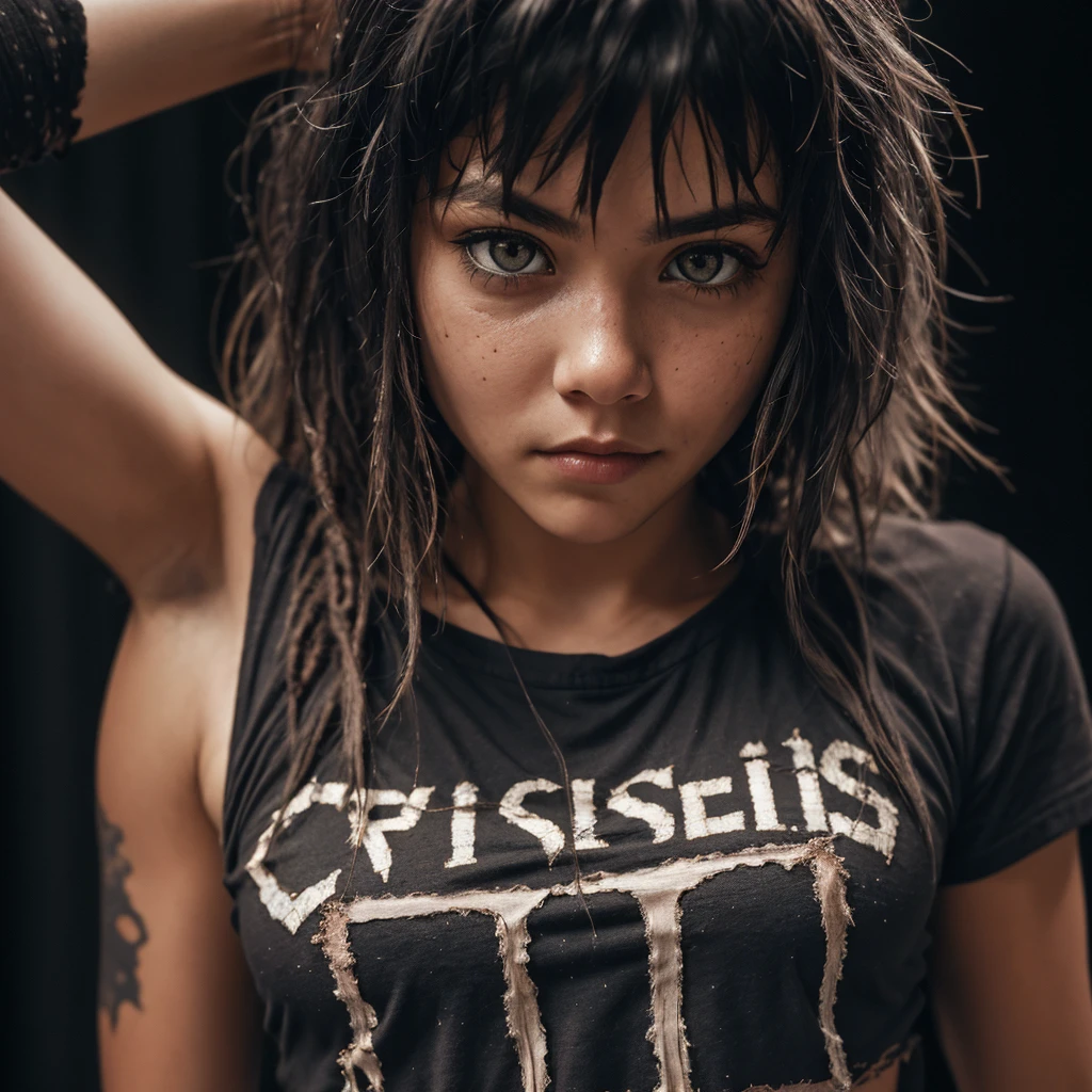 Slim girl wearing shredded grunge shirt, dark messy hair, staring at viewer, perfect quality, sharp focus, shallow depth of field, 8k, flash photography, dread in eyes