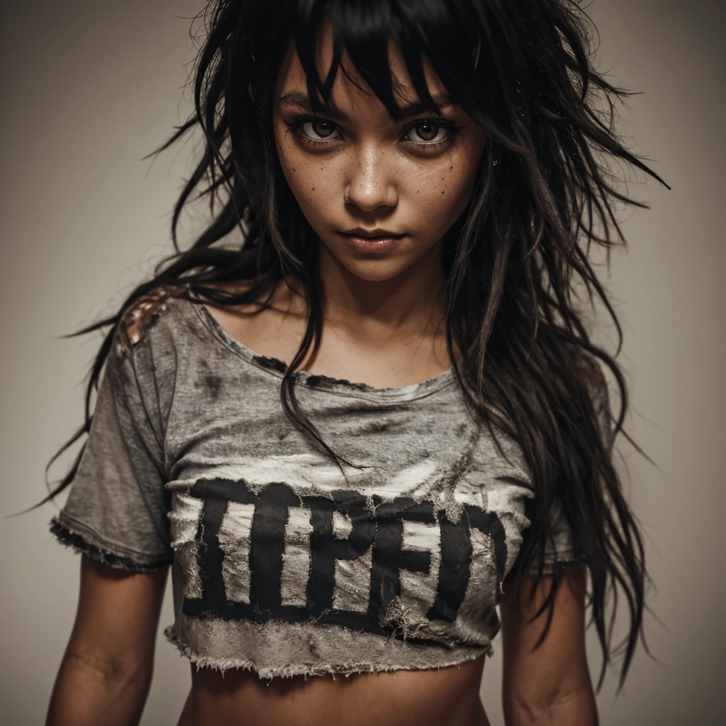 Slim girl wearing shredded grunge shirt, dark messy hair, staring at viewer, perfect quality, sharp focus, shallow depth of field, 8k, flash photography, dread in eyes