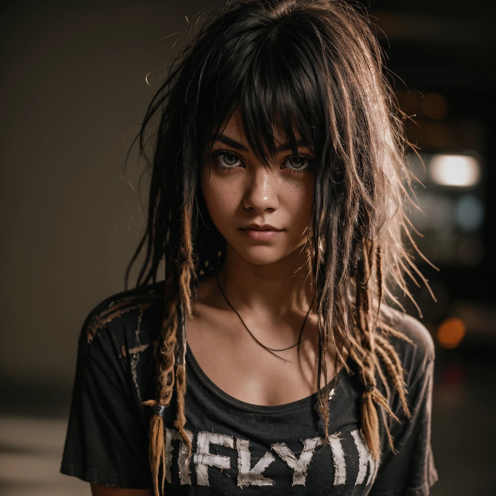 Slim girl wearing shredded grunge shirt, dark messy hair, staring at viewer, perfect quality, sharp focus, shallow depth of field, 8k, flash photography, dread in eyes