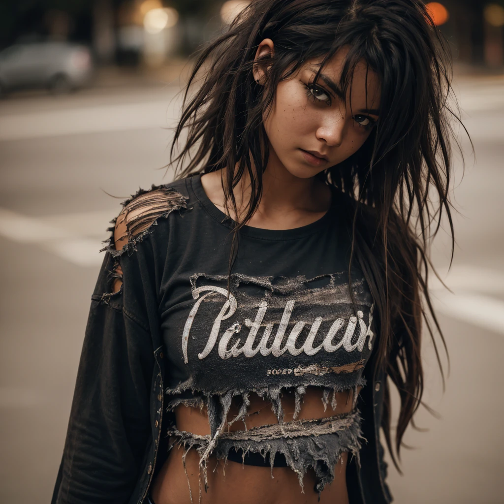 Slim girl wearing shredded grunge shirt, dark messy hair, staring at viewer, perfect quality, sharp focus, shallow depth of field, 8k, flash photography, dread in eyes