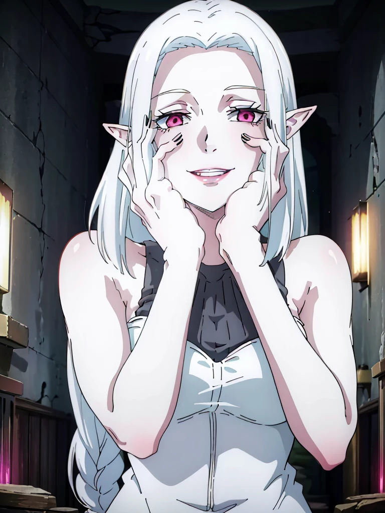 alice,vampire,grey hair, long hair, red eyes, pointy ears, small breasts ,1girl, mummified, gagged, silver duct tape, off shoulder, bending over, arms behind back, bangs, ponytail, blushing, slim, improvised gag, tape gag, gagged, duct tape, tape bondage, beautiful eyes, rolling eyes, orgasm