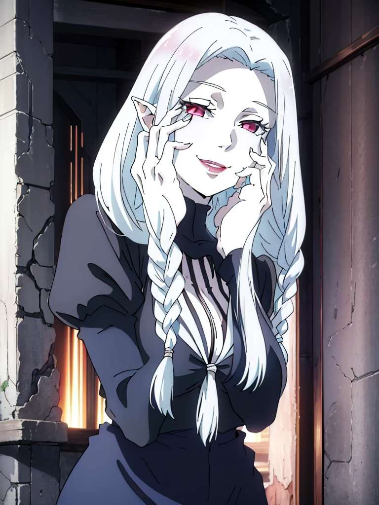 (1girl,20s,mature female),solo,white hair,long hair,((white skin,colored skin)),elf ears,naked,(night,ruins background),(smile,yandere trance),hands on own face,pink glowing eyes,teeth