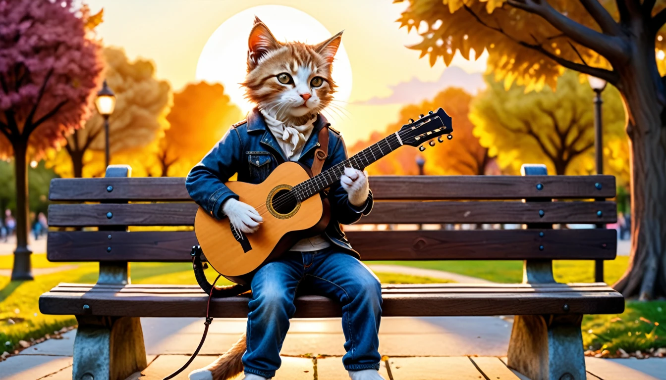 (photo film style), anthropomorphic, cute kitten, playing acoustic guitar, park bench, sunset, relaxing, enjoying music, 2D, colorful, warm atmosphere, shiny, Jean-Baptiste Monge style, Alan Lee style