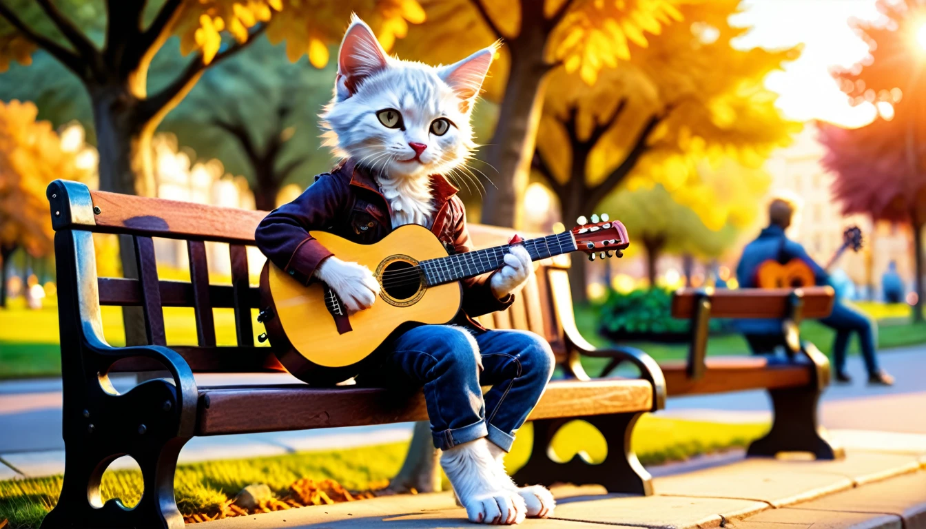 (photo film style), anthropomorphic, cute kitten, playing acoustic guitar, park bench, sunset, relaxing, enjoying music, 2D, colorful, warm atmosphere, shiny, Jean-Baptiste Monge style, Alan Lee style