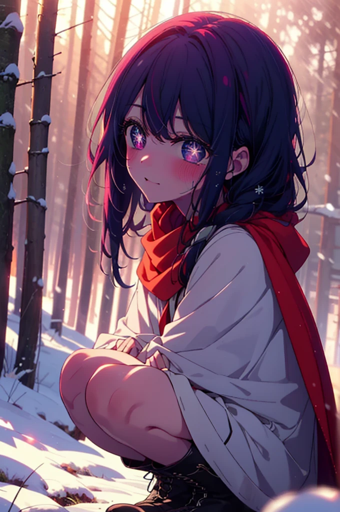 aihoshino, Ai Hoshino, Long Hair, bangs, (Purple eyes:1.1), Purple Hair, (Symbol-shaped pupil:1.5), smile,,smile,blush,White Breath,
Open your mouth,snow,Ground bonfire, Outdoor, boots, snowing, From the side, wood, suitcase, Cape, Blurred, , forest, White handbag, nature,  Squat, Mouth closed, Cape, winter, Written boundary depth, Black shoes, red Cape break looking at viewer, Upper Body, whole body, break Outdoor, forest, nature, break (masterpiece:1.2), Highest quality, High resolution, unity 8k wallpaper, (shape:0.8), (Beautiful and beautiful eyes:1.6), Highly detailed face, Perfect lighting, Highly detailed CG, (Perfect hands, Perfect Anatomy),