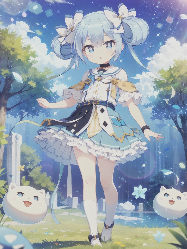 Masterpiece,high quality,high resolution,Detailed Background,Shining Eyes,Lens flare,Blue Hair, Twin tails, Hair between the eyes, 紫のhair bow, eyebrows visible through hair,Floating Island,grassland,Are standing,whole body