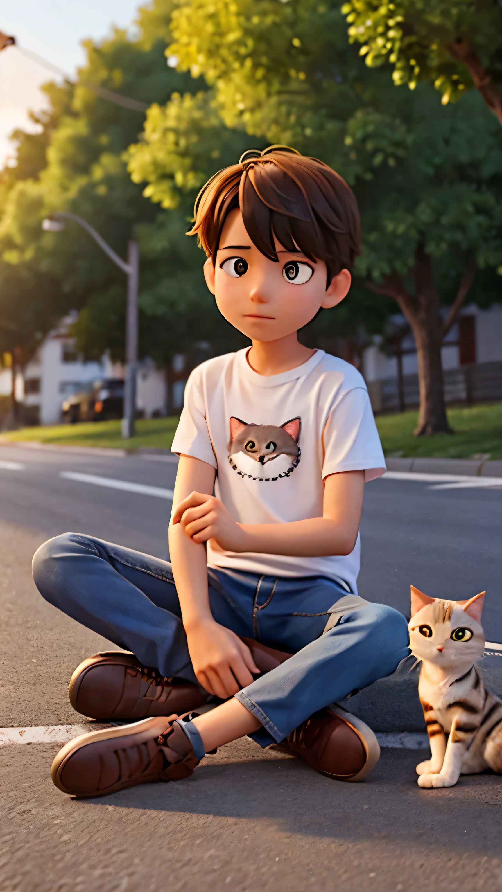 A boy sitting near the road, a cat sitting nearby watching the boy