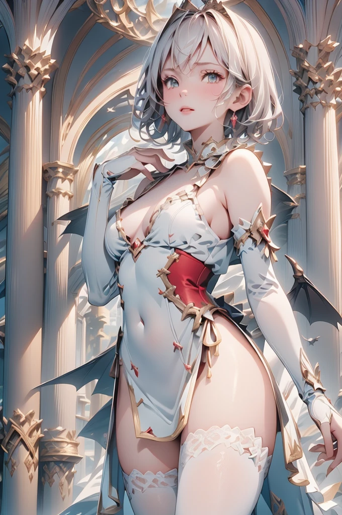 Jamie, (Jamie),((Jamie)), only, Ray Tracing, (((Each photo)))((short hair)),White clothing with textured edges, White skin, detailed luxes, White Trim Knee Tights, Slim waist, thigh, low water, Exposing legs to above waist, ,((There is a crack in the middle of the top))((best quality)),(Ultra-high resolution),(Super detailed),(Detailed description),((Best CG)),(Best works of art),ultra-precision art,Great Art,(Fantasy art with precise details:1.5), Classical European costumes，twin，twins，（（black wing）），（（Black Wings）），（）（Black feather） ,There are bat wings,I love the league,(lace pantyhose on one side),(lace pantyhose on one side),((Red decoration with LED))),((Red lines embellish the curves of the body)),(((woman show))),((Starblade))