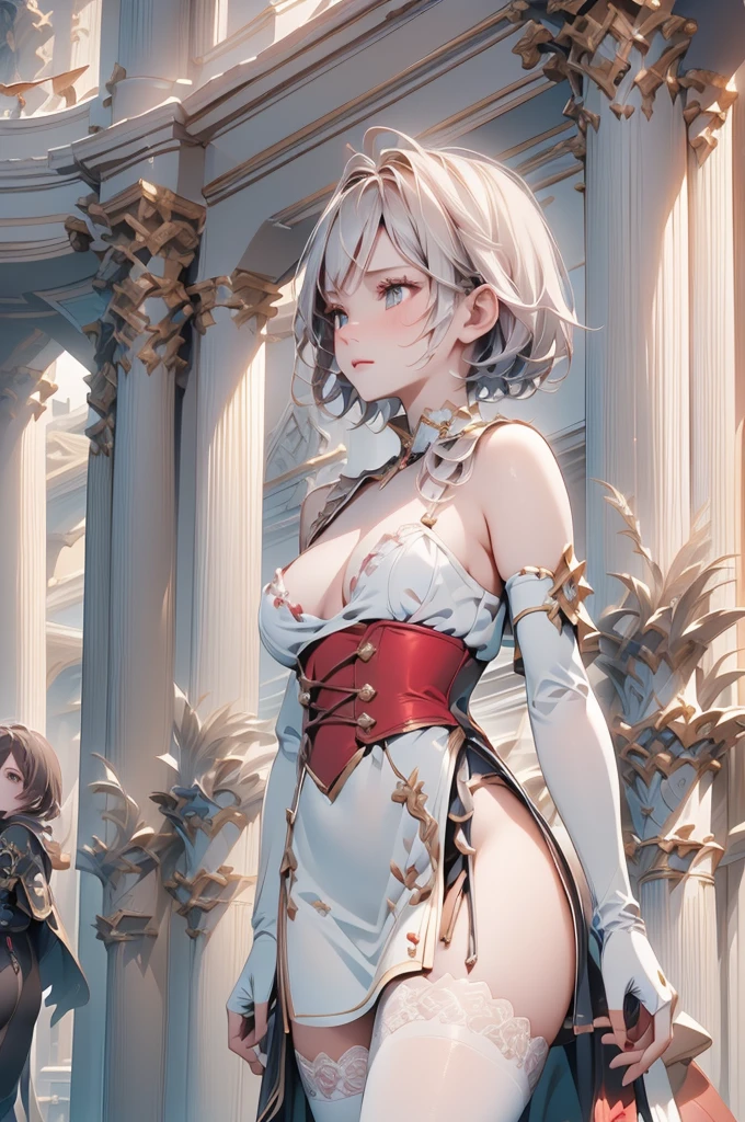 Jamie, (Jamie),((Jamie)), only, Ray Tracing, (((Each photo)))((short hair)),White clothing with textured edges, White skin, detailed luxes, White Trim Knee Tights, Slim waist, thigh, low water, Exposing legs to above waist, ,((There is a crack in the middle of the top))((best quality)),(Ultra-high resolution),(Super detailed),(Detailed description),((Best CG)),(Best works of art),ultra-precision art,Great Art,(Fantasy art with precise details:1.5), Classical European costumes,twin,twins,((black wing)),((Black Wings)),()(Black feather) ,There are bat wings,I love the league,(lace pantyhose on one side),(lace pantyhose on one side),((Red decoration with LED))),((Red lines embellish the curves of the body)),(((woman show))),((Starblade))