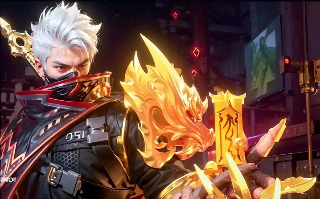 A man with ninja costume armor, A man with sword on back, A man with ninja Balck gold face, A man with red and black armor with gold detail, A man with hand weapon on his hand, Ultra Realistic, Ultra Hd, Ultra Detailing, Hyper Realistic, 8k, 4k ultra hd 
