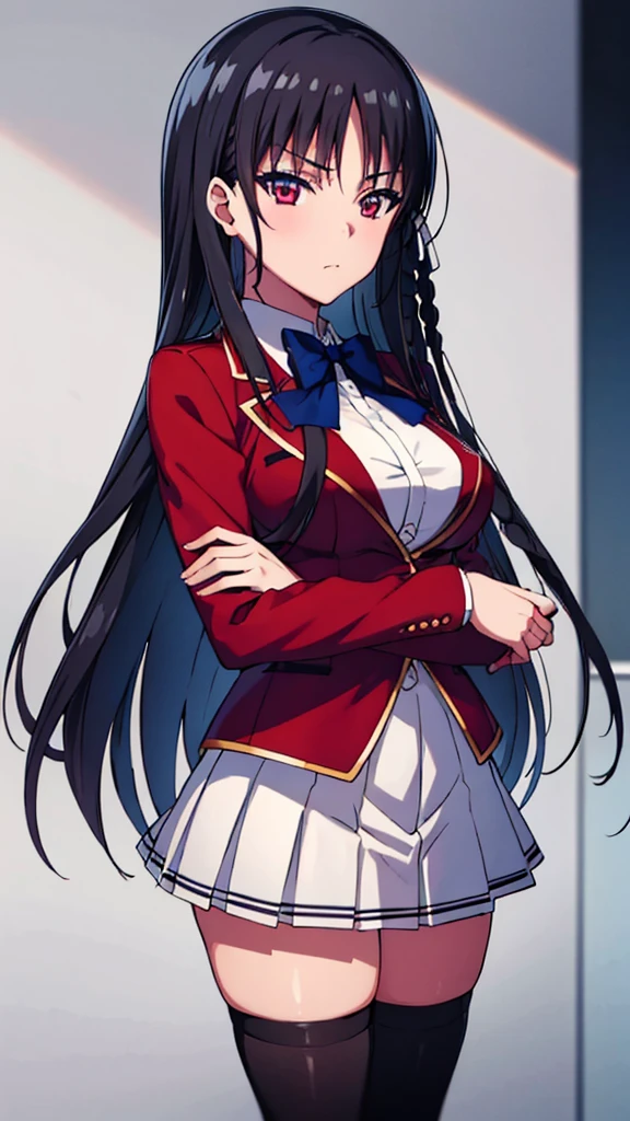 (masterpiece:1.3), (best quality:1.1), (8k, ultra detailed, ultra high res:1.2), ((anime style)), perfect 5 fingers, perfect anatomy, 1girl, 
Suzune Horikita, 
Suzune Horikita \(youjitsu\),
long hair, braid, 
black hair, 
red eyes, (focus detailed eyes:1.2), 
blue bow, 
medium breasts, 
red jacket, long sleeves, white skirt, pleated skirt, black thigh-high socks, 
looking at viewer, 
cowboy shot, 