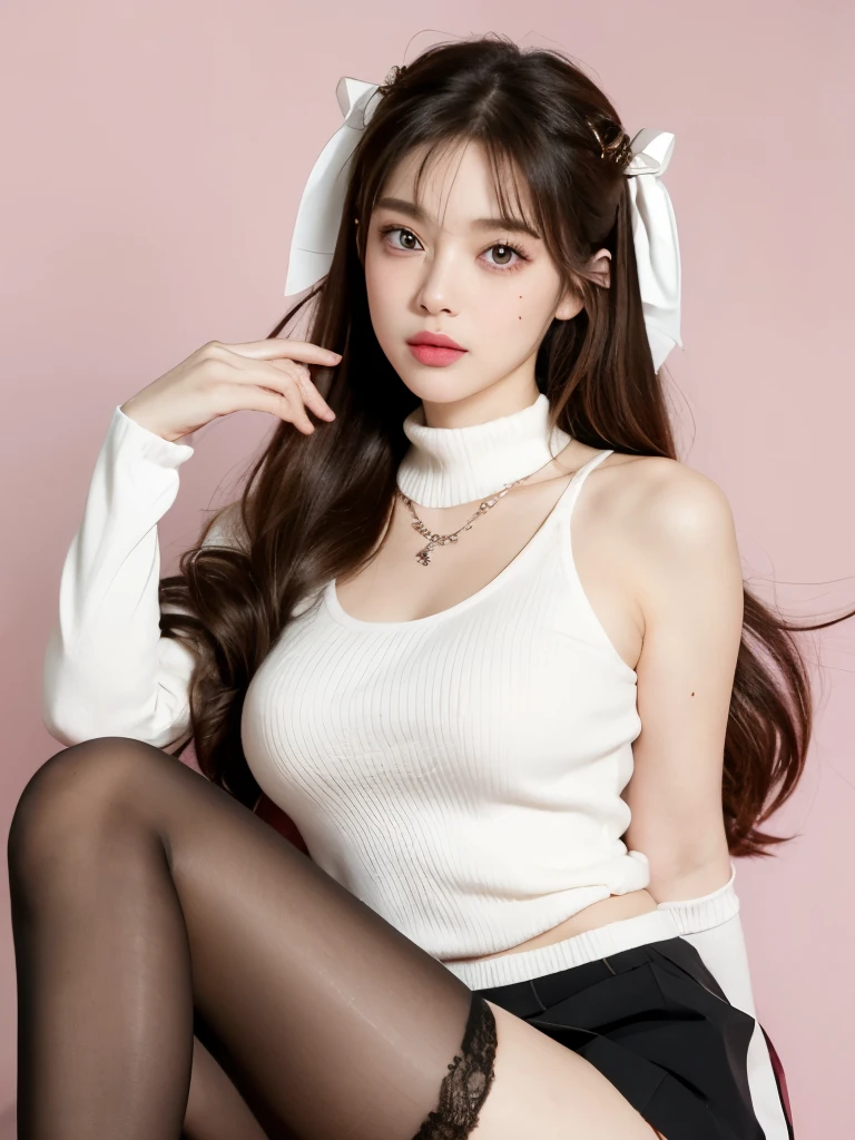 Kim Jennie with white brown hair, with curlers at the ends, with two bows on each side of the hair, all her white hair brown, with a star clip in her white brown hair, light colored eyes, beautiful eyes, crying eyes, beautiful, splash your nose, watery nose, beautifuls labios, pink lips, heart and cupid shaped lip, beautiful skin, pale, White skin, with moles and freckles all over his face, soft pink blush on cheeks, natural pink blush, soft pink makeup, Jennie, Nice neck, marked collar, frown, tender look, with a kiss necklace, a beautiful kiss necklace, similar a Yumeko Jabami, while using a YK2 Crochet, woolen, with YK2 style brown miniskirt, while wearing stockings, secretary stockings, medias sexy, while having a bare abdomen, Delgado, marked and beautiful, (big breasts, soft breasts, beautifuls pechos), while she cosplays the character Yumeko Jabami, The anime Kakegurui.., looking to the camera