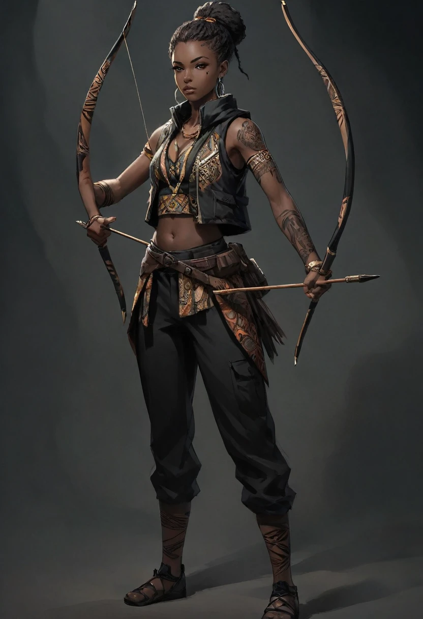 Anime style, African Archer Girl, Wearing an African vest jacket, Black pants, In a dark environment with high contrast. Multiple tattoos on arms