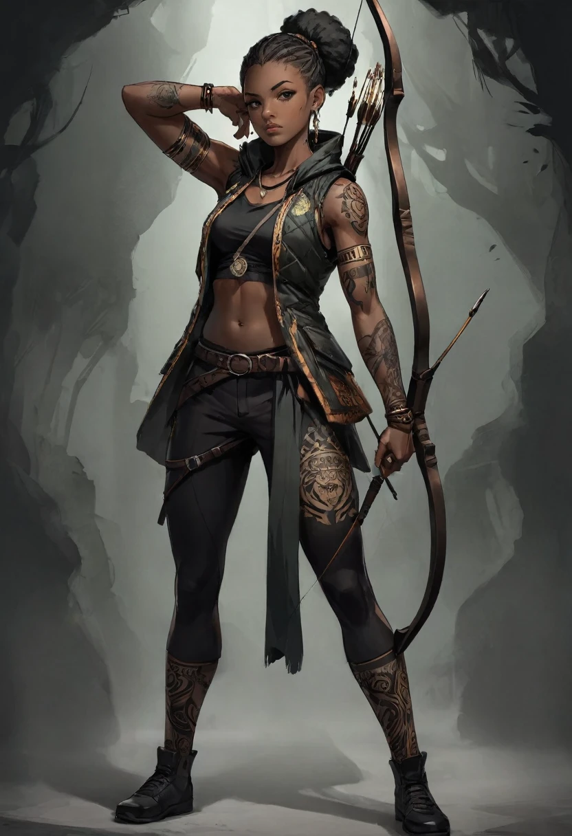 Anime style, African Archer Girl, Wearing an African vest jacket, Black pants, In a dark environment with high contrast. Multiple tattoos on arms