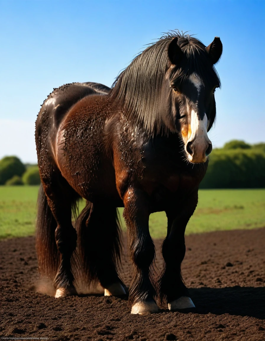 full rear view of large fat wide hairy Shire horse stallion with lumps of horse dung pouring out of the centre of a big bum and sliding down legs. facing away from view point - towards horizon. wide open rectum and anus in full view full of horse dung. tail to left side. ((masterpiece)), ((best quality)), ((highres)), ((extremely detailed)), ((close shot, back view)), (super realistic) . anatomically correct. horse surrounded by lumps of steaming dung. open field. bright sunny sky