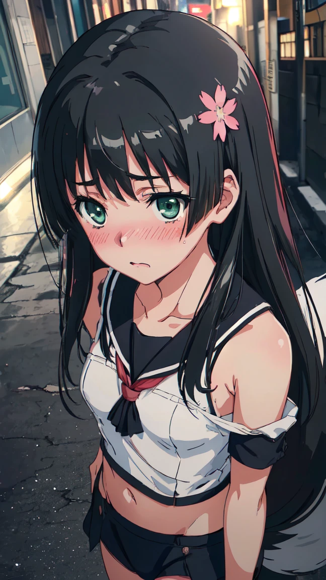  (High resolution:1.4), (masutepiece:1.2), (High quality:1.3) 1girl, saten ruiko, green eyes, long hair, black hair, small breast, blush, dangerousbeast, wolf tail, (blush, shy:1.2), from above, in street,, cinematic lighting,  