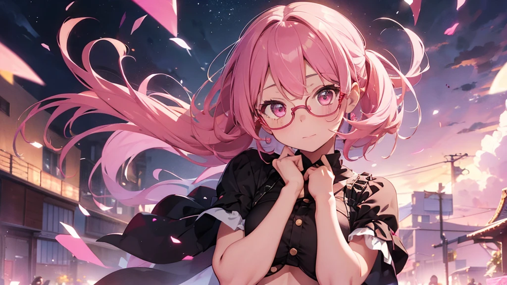 1girl,flower pattern , pink idol,pastel pink hair,brown eye,bob hair,janping, put hands on body, full body,red frame eyewear,big breasts,