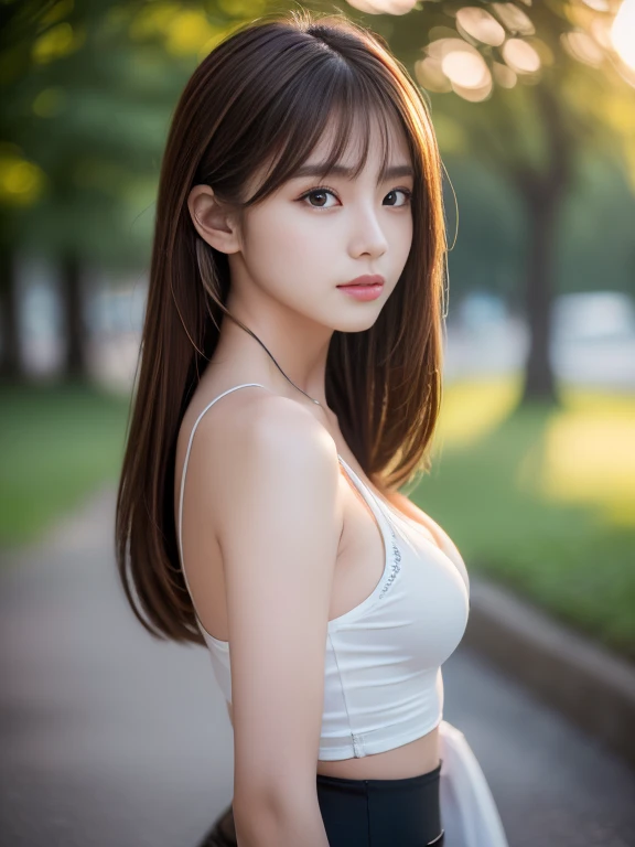 ((best quality photography, professional photography:1.5)), (glamour shot of girl:1.2), (professional lighting), (dramatic backlighting), looking at viewer, best photo pose, 1girl, detail skin texture, (brown hair:1.3), (depth of field:1.5), (simple background), (cowboy shot:1.5), ponytail, light smile, makeup, lips, sagging breasts, sharp jawline, (white tank top), (black leggings), ((8K, UHD, RAW)), (masterpiece, best quality), ((highly and ultra realistic)), (photorealistic:1.4), (chromatic aberration), High quality texture, High quality shadow, extremely intricate detail, ((extremely delicate and beautiful)), ((beautiful and aesthetic)), (korean mixed, gorgeous beautiful-19 years old-women),